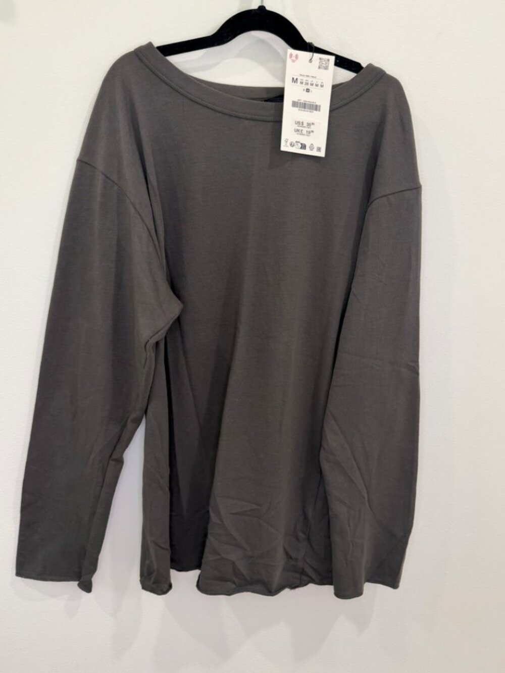NWT Zara Women Charcoal Grey Long Sleeve Crewneck T-Shirt Size M